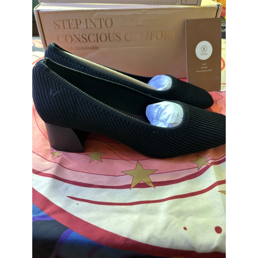 Vivaia Margot Square Toe Block Heel Pumps Black Knit Sustainable Shoes EU 37 - Picture 2 of 15